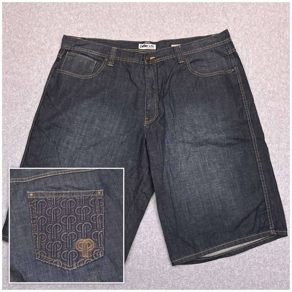 Vintage Y2K Pelle Pelle Denim Jean Shorts Men's 44 Blue‎ Embroidered Baggy Wide